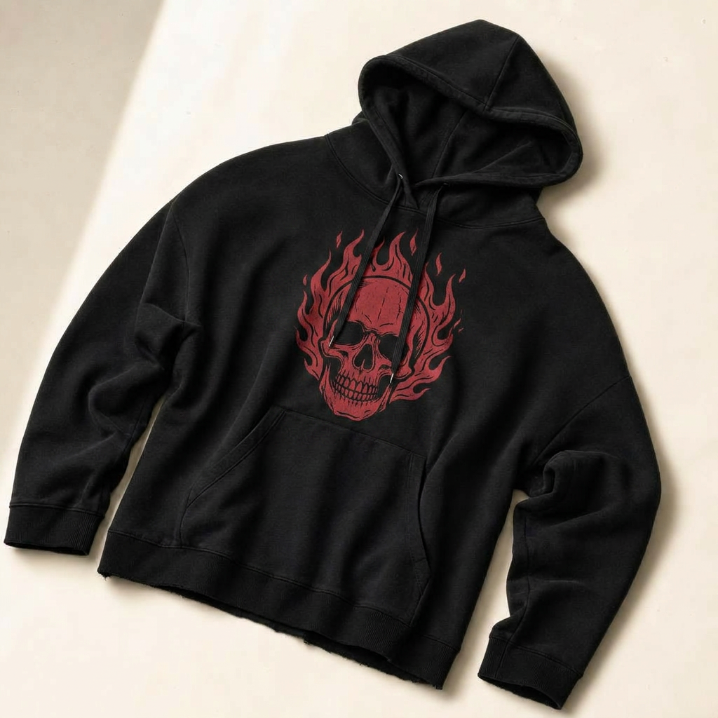 Black oversized hoodie with intricate red chrome heart graphics flowing down both sleeves